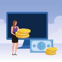 young woman with desktop and money vector