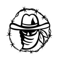 Outlaw Wearing Face Mask with Barbed Wire Ring Mascot Black and White vector