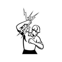 Electrician Holding a Bunch Lightning Bolt Side Retro Black and White vector