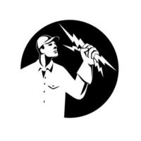 Electrician Lineman Holding Lightning Bolt Side View Retro Black and White vector