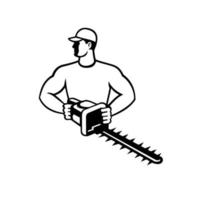 Gardener or Landscaper with Garden Hedge Trimmer or Shears Front View Retro Black and White vector