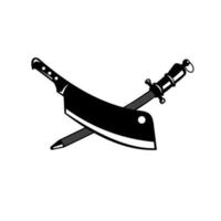 Crossed Butcher Knife Meat Cleaver and Sharpener Steel Rod Retro Woodcut Black and White vector
