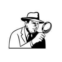 detective inspector detective privado o investigador mirando a través de una lupa plantilla retro en blanco y negro vector
