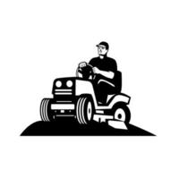 Gardener Landscaper Groundsman Groundskeeper Riding Ride-on Lawn Mower Retro Black and White vector