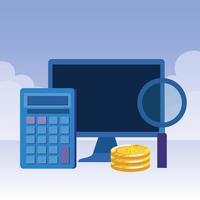 coins money dollars with desktop and calculator vector