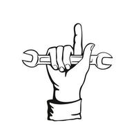 Mechanic Hand Holding Spanner or Wrench Index Finger Pointing Up Retro Woodcut Black and White vector