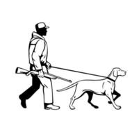Cazador de aves y perro puntero húngaro caminando vista lateral retro en blanco y negro vector