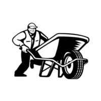 Gardener Pushing Wheelbarrow Low Angle Retro Black and White vector