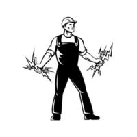 Electrician Lineworker Holding A Bunch of Lightning Bolt Standing Retro Black and White vector