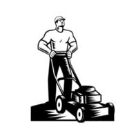 Gardener or Groundskeeper With Lawn Mower Mowing Woodcut Retro vector