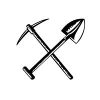 Crossed Spade or Shovel and Mining Pick Ax Pickaxe Pick-Axe or Pick Retro Woodcut Black and White