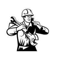 Handyman or Builder Wearing Hard Hat Carrying Spanner and Spade Retro Black and White vector