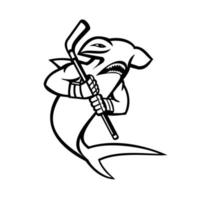Tiburón martillo con mascota de palo de hockey sobre hielo en blanco y negro vector