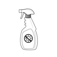 Botella de spray desinfectante con signo de parada de virus pandémico dibujo de líneas en blanco y negro vector