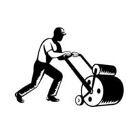 Gardener Landscaper Groundsman or Groundskeeper Pushing Lawn Roller Woodcut Black and White vector