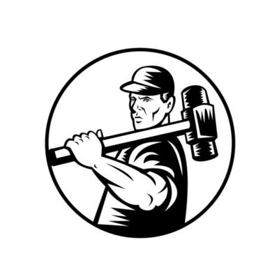 Demolition Worker Retro with Sledge Hammer Black and White