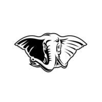 Elephant With Long Tusks Head Front Mascot Retro Black and White vector