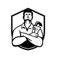 Handyman Plumber With Wrench Shield Retro Black and White vector