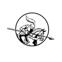 Caballero medieval con lanza lateral de caballo retro en blanco y negro vector