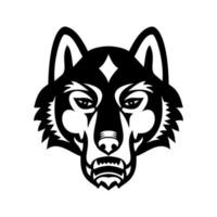 Cabeza de lobo gris o lobo de madera vista frontal mascota deportiva en blanco y negro vector