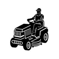 Gardener Riding Ride On Mower Mowing Lawn Retro Black and White
