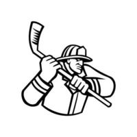 bombero jugando hockey sobre hielo mascota deportiva en blanco y negro vector