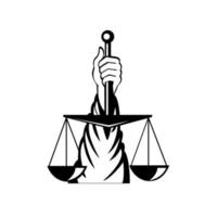 Hand of Lady of Justice Holding Weighing Scale Retro Black and White vector