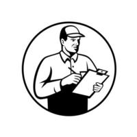 Inspector or Technician with Clipboard Checklist Inspecting Retro Black and White vector