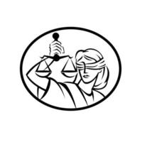 Lady Justice with Blindfold and Beam Balance or Weighing Scale Retro Woodcut Black and White vector
