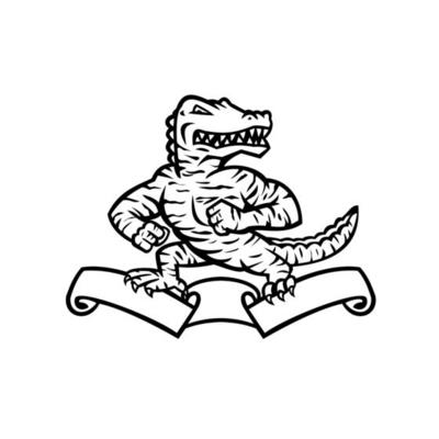 Gator or Alligator in Tiger Stripes Standing on Ribbon Scroll Mascot Black and White