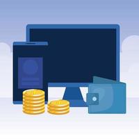 desktop computer with wallet and coins vector