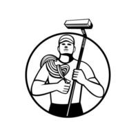 High Rise Window Cleaner With Rope and Squeegee Circle Retro Black and White vector