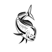 Mahi-mahi or Common Dolphinfish Diving Down Retro Black and White vector