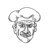 Jefe del chef italiano cocinero panadero o trabajador de alimentos con bigote vista frontal dibujo retro en blanco y negro vector