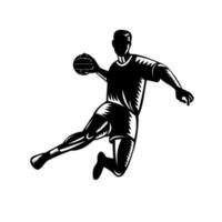 Team Handball Player Jumping Scoring Woodcut Black and White vector