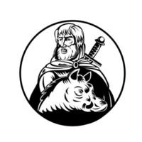 Freyr o dios frey en la mitología nórdica con espada y jabalí retro xilografía en blanco y negro vector