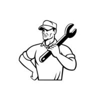 Automotive Mechanic or Aircraft Mechanic Holding Spanner on Shoulder Front View Retro Black and White vector