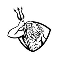 Neptune or Poseidon With Trident Looking to Side Shield Retro Black and White vector