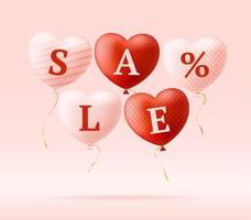 Love word and sale on realistic hearts. Valentine's day card with pink and red hearts and lettering love. Vector illustration sale or discount concept