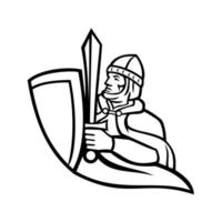 Bust of Medieval King Regnant Wielding a Sword and Shield Black and White Mascot vector