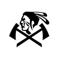 Head of Native American Indian Warrior with Crossed Tomahawk Mascot Black and White vector