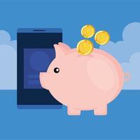 piggy savings with coins money and smartphone vector