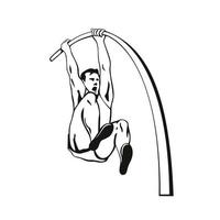 Pole Vaulter with Flexible Pole Jumping Over Bar Pole Vaulting Stencil Black and White Retro Style vector