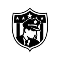 Guardia de seguridad estadounidense mirando al lado insignia Crest retro en blanco y negro vector
