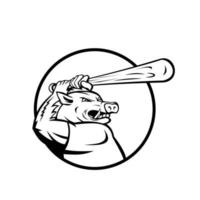 Razorback jabalí o cerdo con bate de béisbol círculo de bateo mascota en blanco y negro vector