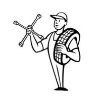 Tire Technician or Tyre Mechanic with Socket Wrench Standing Cartoon Black and White vector