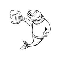 trucha o pez salmón sosteniendo una jarra de cerveza de cerveza con un suéter de dibujos animados en blanco y negro vector