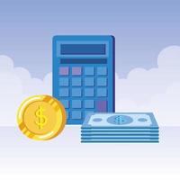 coins and bills money dollars with calculator vector