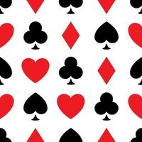 Seamless pattern background of poker suits - hearts, clubs, spades and diamonds - arranged in the rows on white background. Casino gambling theme vector illustration.