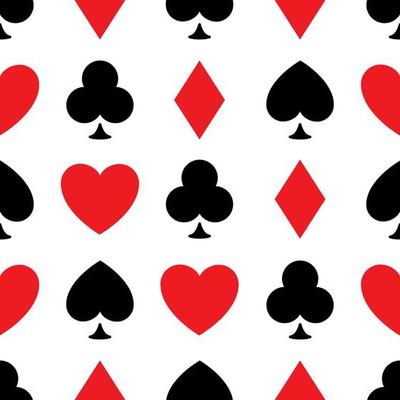 Seamless pattern background of poker suits - hearts, clubs, spades and diamonds - arranged in the rows on white background. Casino gambling theme vector illustration.